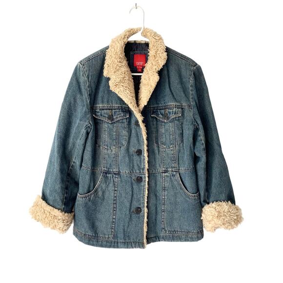 Esprit Penny Lane Denim Sherpa Trim Jean Coat Jacket size large quilted - Picture 1 of 10